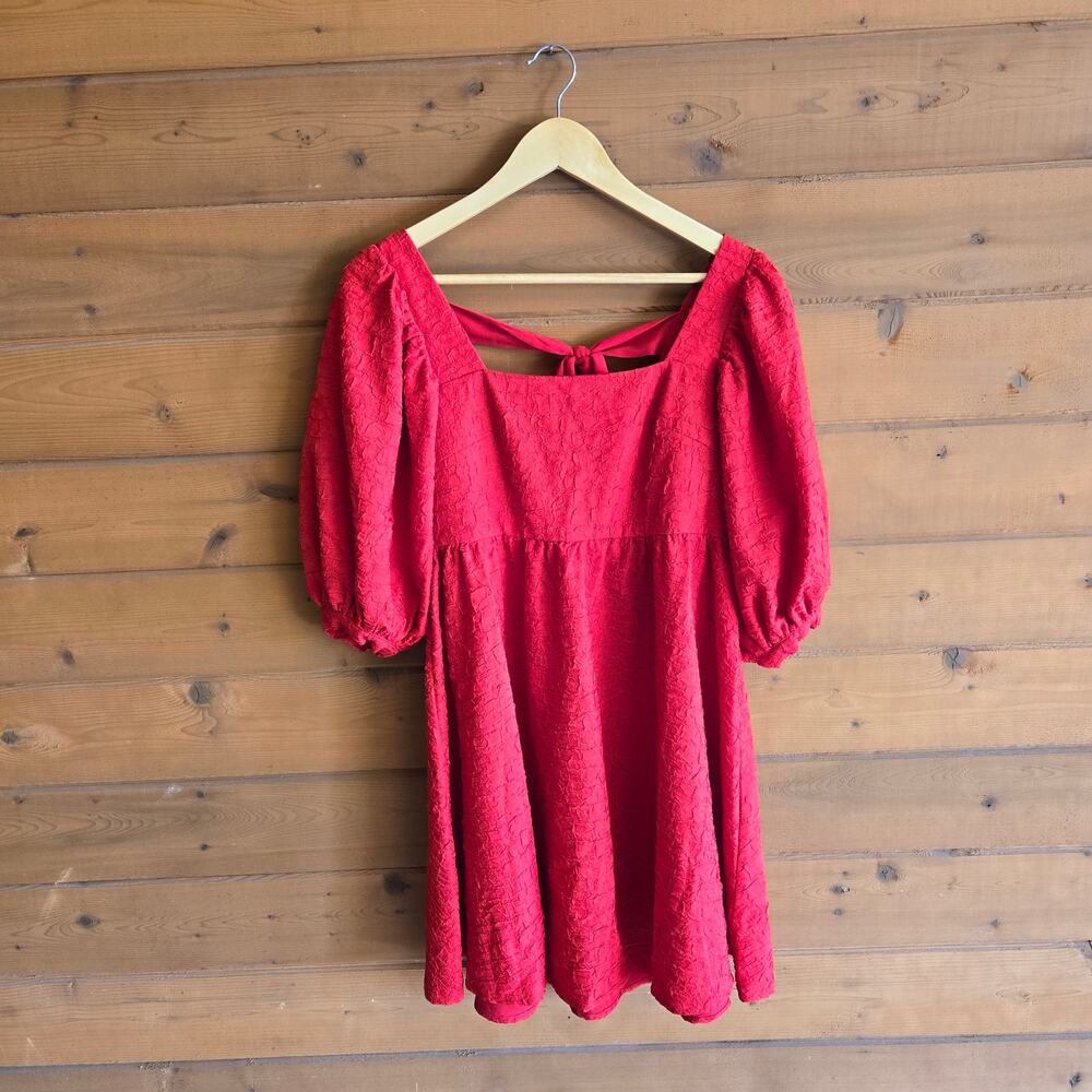 On You Mini Dress Bow Red Puff Sleeve Square Neck Medium Retro Pinup Cherry Boho
